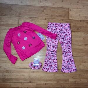 NWT Girls Size 2T Pink Flower Outfit - Embellished Shirt Top & Flare Pants
